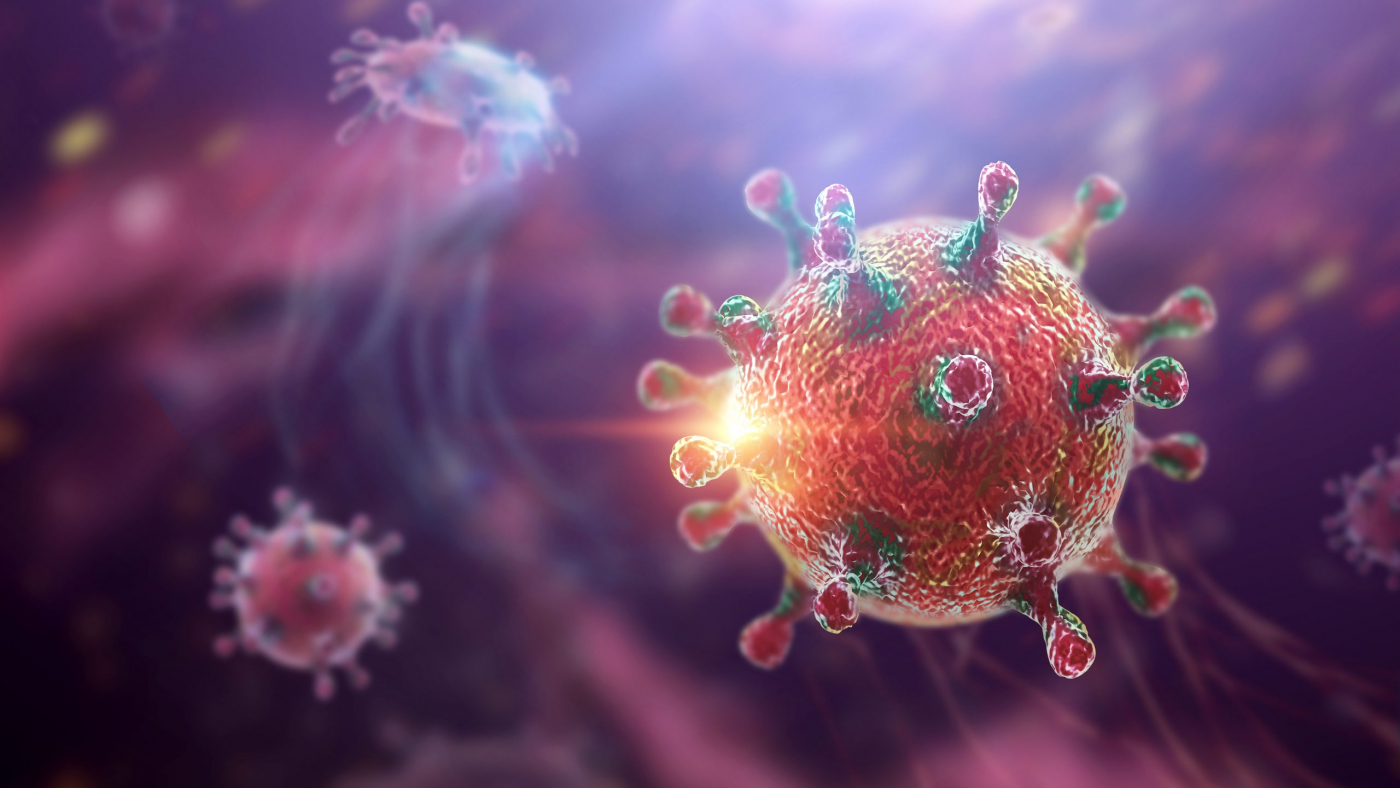 Creative background, virus molecule close-up in the body, purple background. Concept biology, experiments, laboratory, experiments, quantum world. 3D illustration, 3D render.