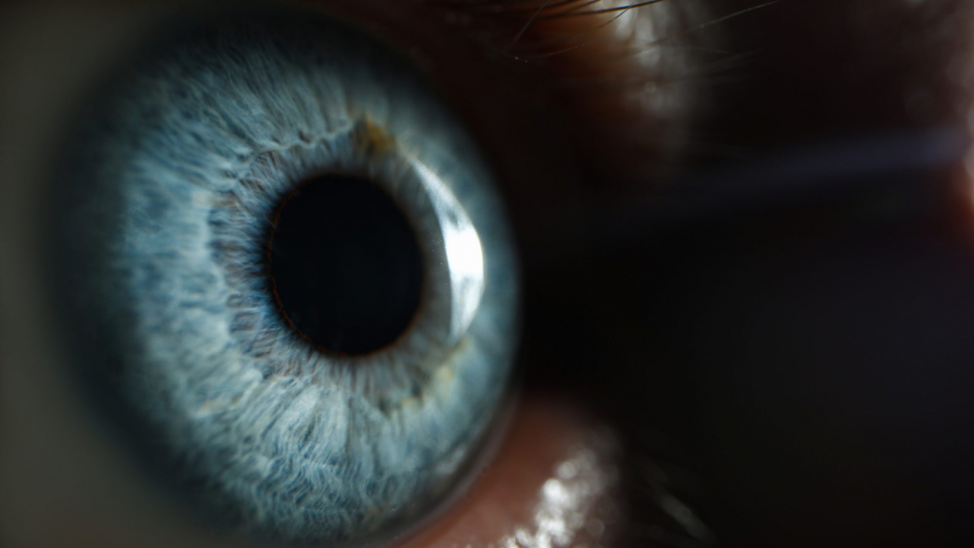 Male blue eye closup super macro background. Selection of glasses and contact lenses concept