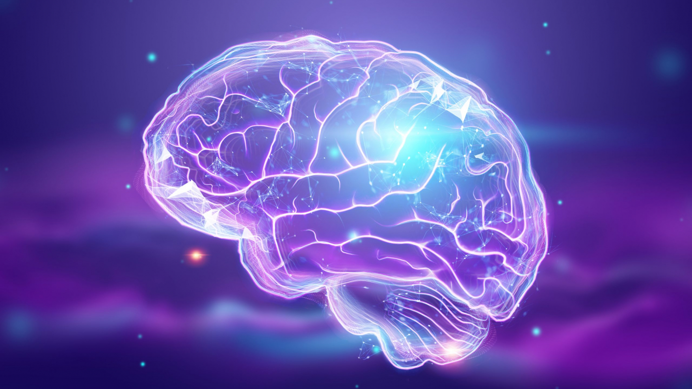 The image of the human brain, a hologram, a dark background. The concept of artificial intelligence, neural networks, robotization, machine learning. 3D illustration, copy space.