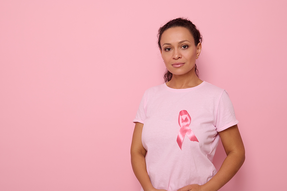Breast Cancer Survivor Wearing Breast Cancer Logo T-shirt Discovering Cancer