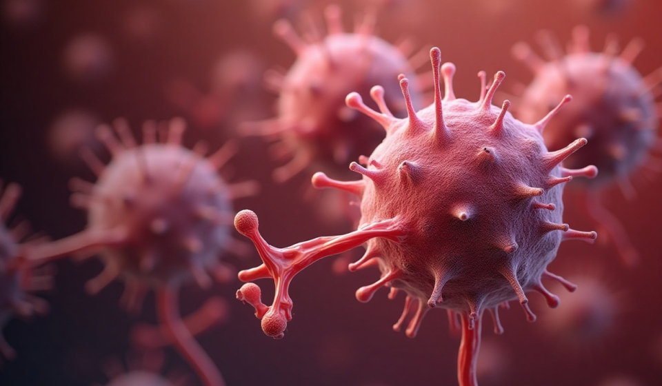 Ilustración en 3D de células cancerosas bajo tratamiento hormonal específico